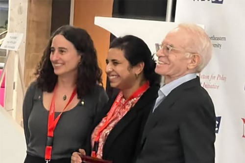 Economics Graduate Student, Saxena Affiliate and PSTC Trainee Aarushi Kalra  pictured with Rema Hanna, Harvard Kennedy School, and Andrew Weiss of Weiss Asset Management